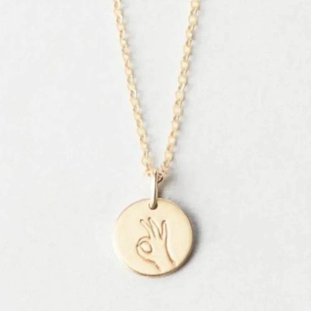 "Okay" Sign Language Gold Charm Disc Neck